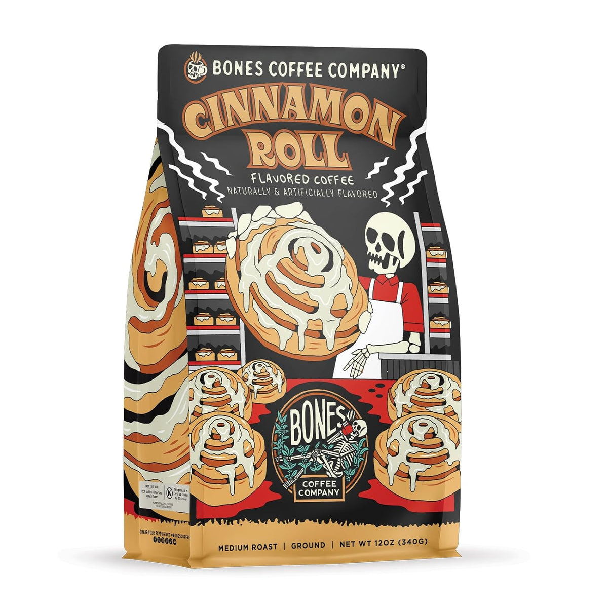 Bones Coffee Company Cinnamon Roll Flavored Coffee, Medium Roast Low Acid Arabica Beans Compatible with Auto drip and French Press Coffee Maker, 12 Oz Ground