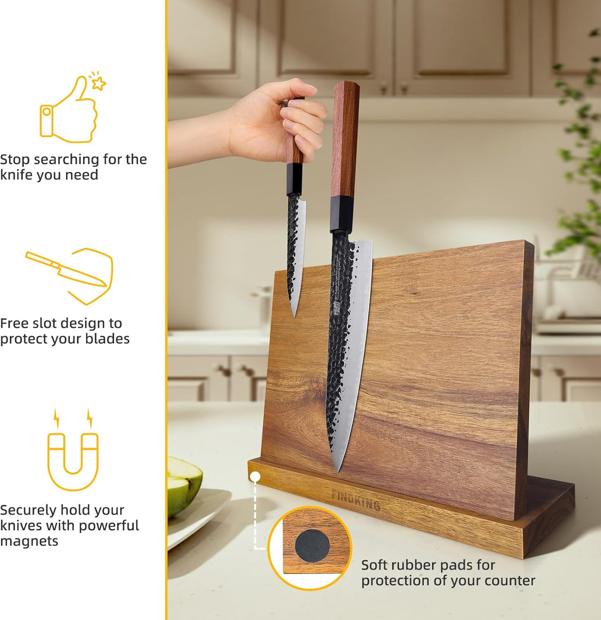 FINDKING Magnetic Knife Block, Teak Wood Utensils Holder, Strong Magnet Stand for Kitchen Counter (10.8 x 8 Inches, Without Knives)
