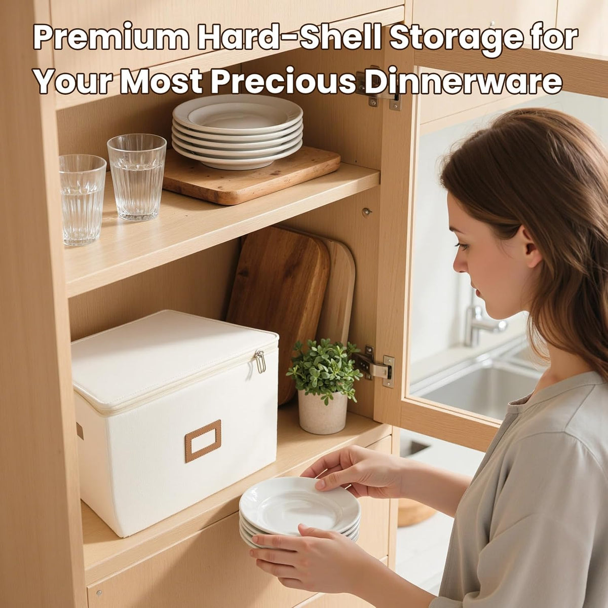 HOMELUX THEORY Hard Shell China Storage Containers, 6pc Ivory Mug & Plate Storage Box, Kitchen Storage Bins With Lids, Heavy Duty Moving Box with Handles for Dishes, Glassware, Stemware, Cup & Mug