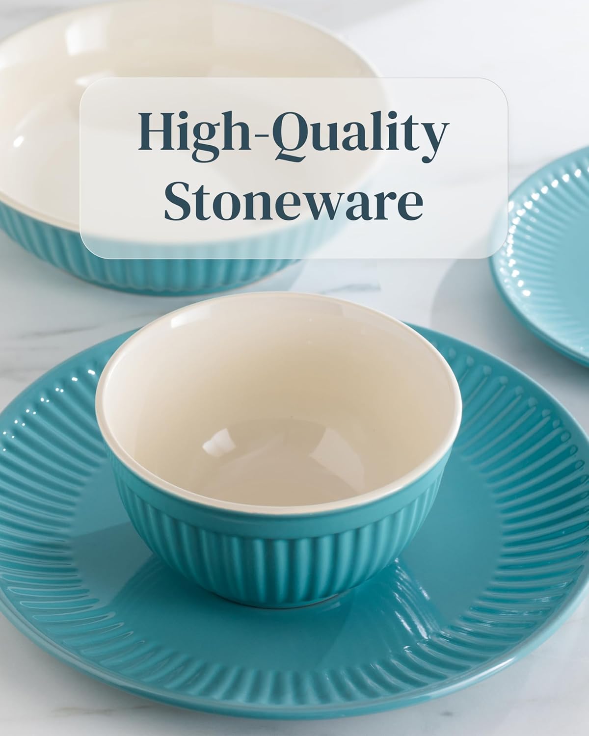 Stoneware Dinnerware Set for 4 People HYGGE 16-Piece - Elegant Scandi Design - Premium Dish Set - Bowl and Plate Set - Tableware for 4 People in a Ribbed Design - Pure Living in Green