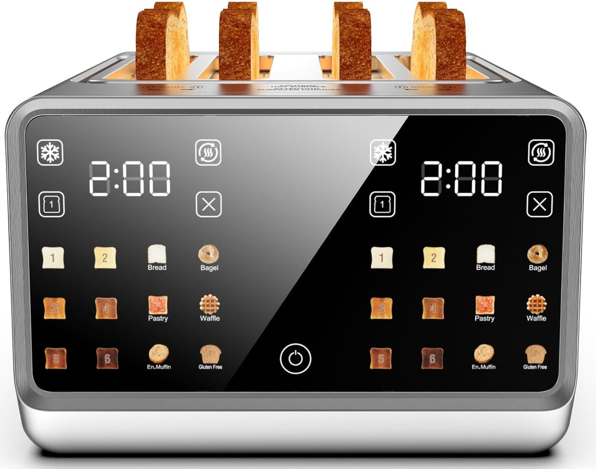 4 Slice Toaster– Dual Digital Smart TouchScreen & Independent Control Panel | Single-Slot Tech, Timer/Reheat/Defrost for Bagels, Bread | 1800W Stainless Steel, 6 Toast Types & Shade Settings
