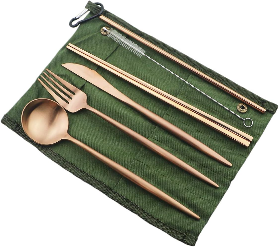 Gugrida Reusable Travel Utensils, 7 Piece Portable 304 Stainless Steel including Knife Fork Spoon Chopsticks Cleaning Brush Straws Portable Pouch, Eco-friendly Camping Silverware Set, Dishwasher Safe