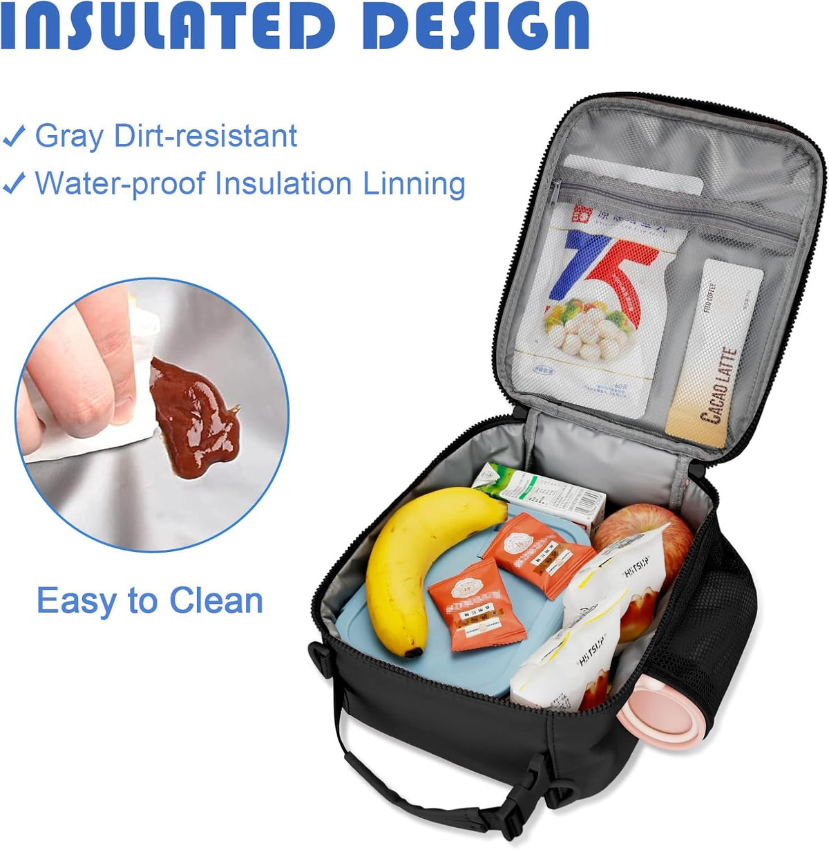 Initial Insulated Lunch Bag for Boys Kids, Back to School Gift, Reusable Leak-proof Lunch Box with Adjustable Strap for School Daycare Travel Picnic（Black，H）