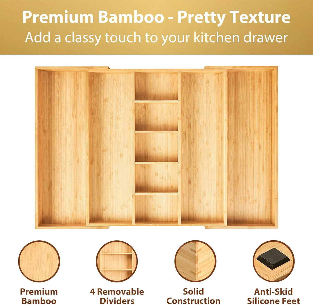 Umilife Extra Large Expandable Kitchen Drawer Organizer for Utensil and Junk, 19" Deep for Big Drawer, 17" to 28" Adjustable Bamboo Wood Drawer Divider, Cutlery Tray, Flatware Holder