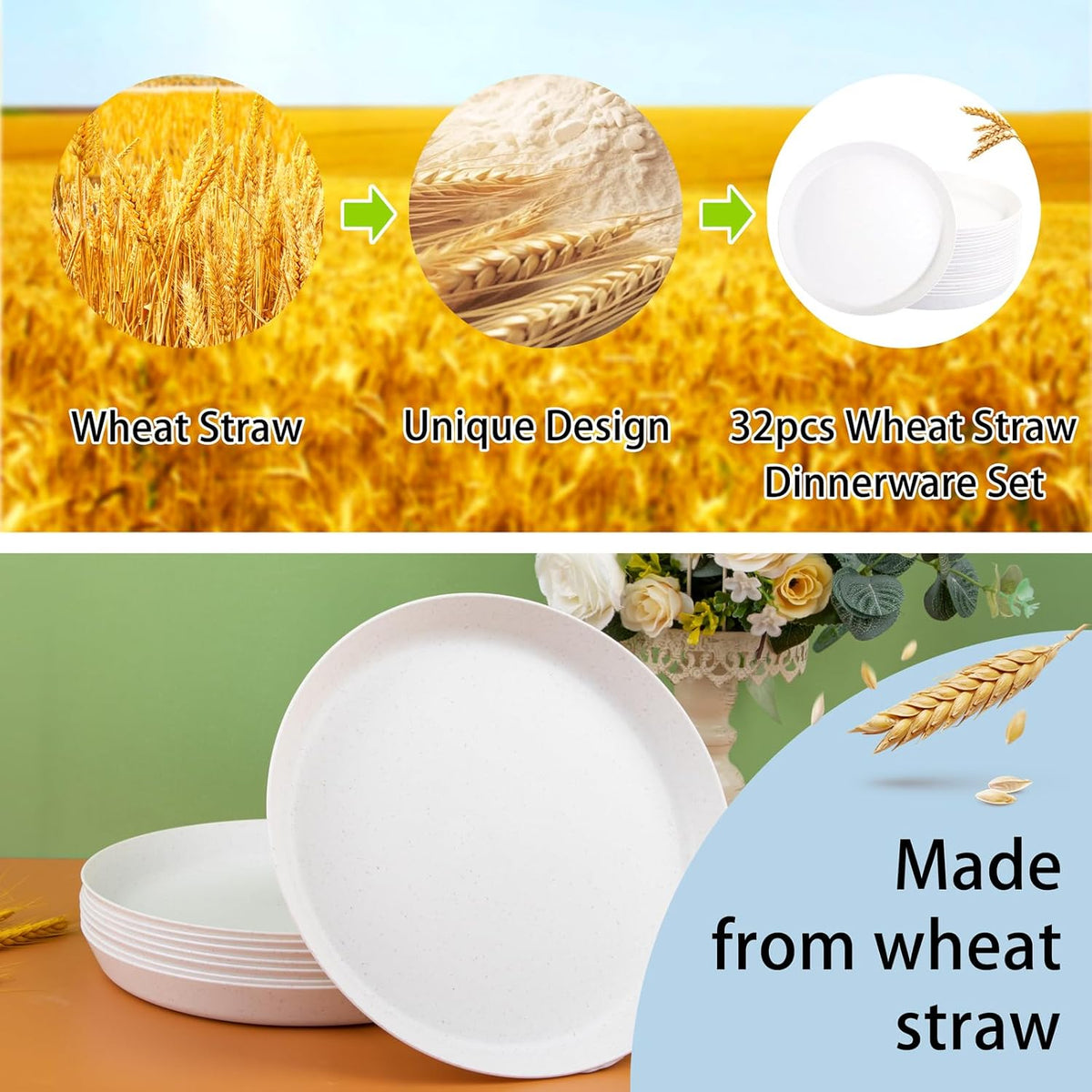 18pcs White Wheat Straw Dinner Plates - Lightweight, Unbreakable, Premium Reusable Plates for Family Dinner, School, Picnic