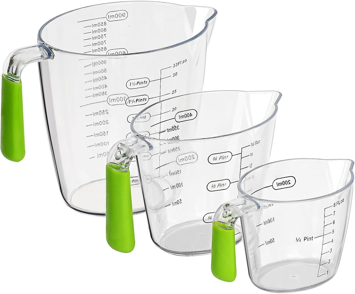 Plastic Measuring Cups Set, 3Pcs BPA Free Stackable Clear Measuring Cup with Spout and Angled Grip Handle, Includes 1 Pint, Oz, ML Measurement for Kitchen Cooking