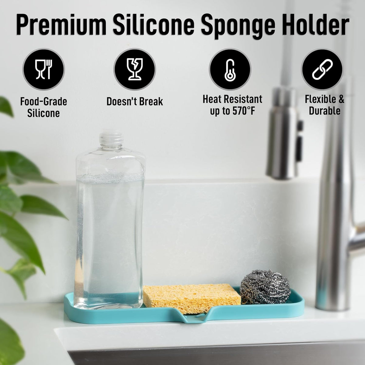 Zulay Kitchen Large Silicone Sponge Holder (12x4) – Flexible Sink Organizer Tray for Kitchen & Bathroom – Multipurpose Soap Dish for Sponges, Makeup, Trinkets & More (Aqua Sky)