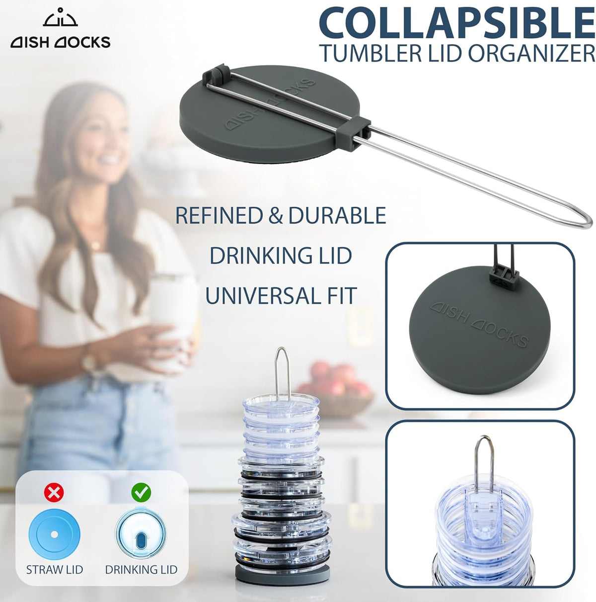 Tumbler Lid Organizer for Cabinet & Countertop - Slim Space-Saving Lid Holder with 9" Sturdy Bar & Weighted, Non-Slip Base - Vertical Storage Cup Lid Organizer - Collapsible Lid Rack for 10 Lids