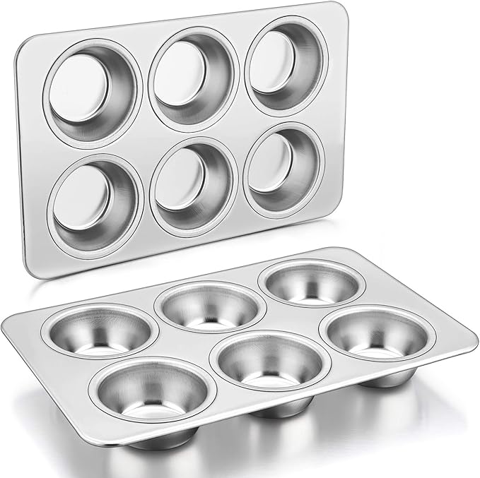 P&P CHEF Muffin Pan Cupcake Baking Pan Set, Stainless Steel Muffin Tin Tray for Mini Cake Tart Quiche, Oven & Dishwasher Safe, Non-toxic & Heavy-duty, (6 Cup, 2Pcs)