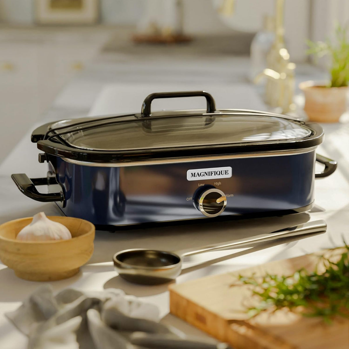 [NEW] MAGNIFIQUE 4-Quart Slow Cooker with Casserole Manual Warm Setting - Perfect Kitchen Small Appliance for Family Dinners, Dishwasher Safe Crock, Blue
