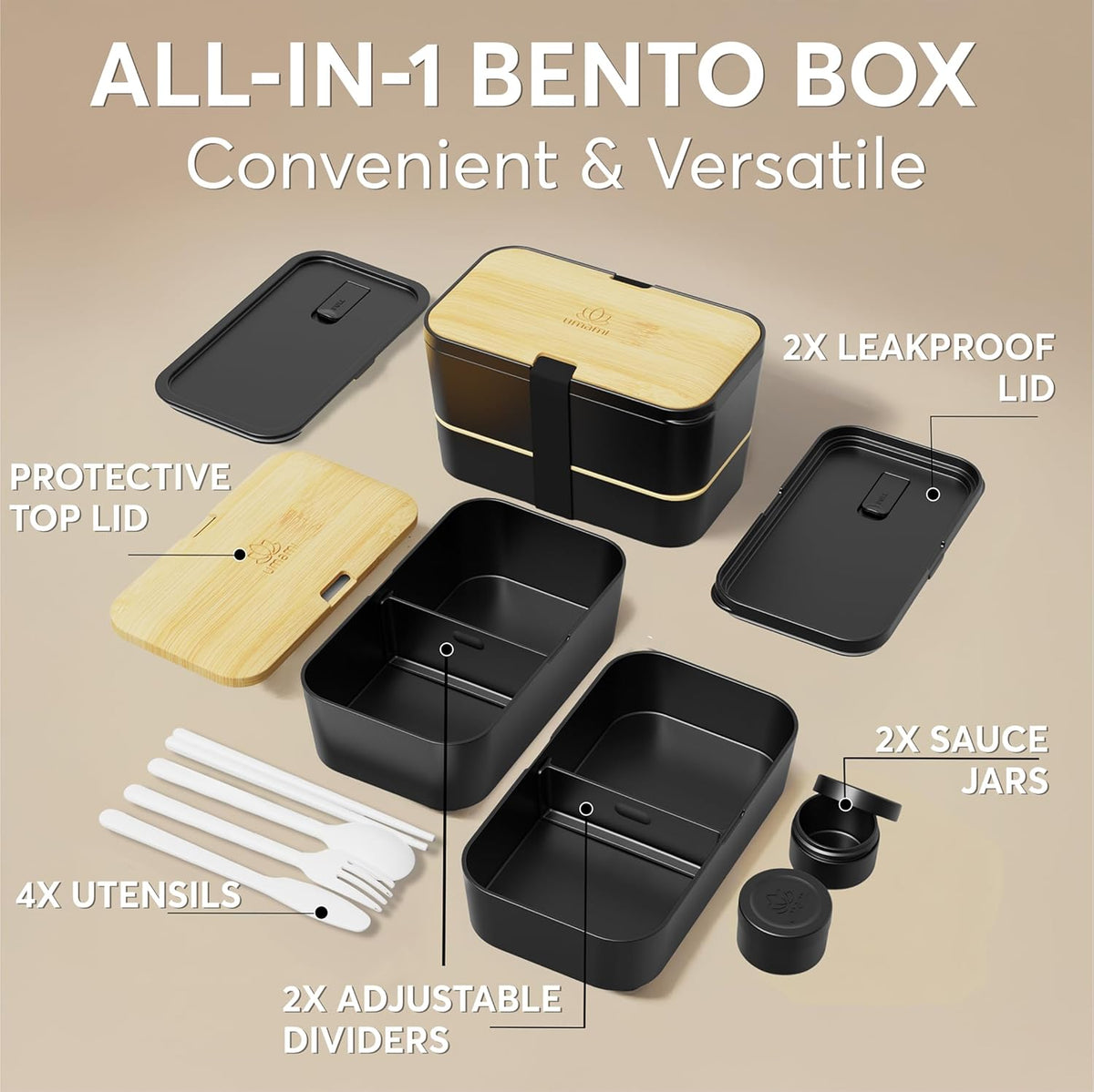 Umami Bento Box All-in-1 w/ 4 Utensils, 100% Leakproof, Dishwasher & Microwave Safe Lunch Containers for Adults w/ 4 Compartments, Black & Tan, 50 oz