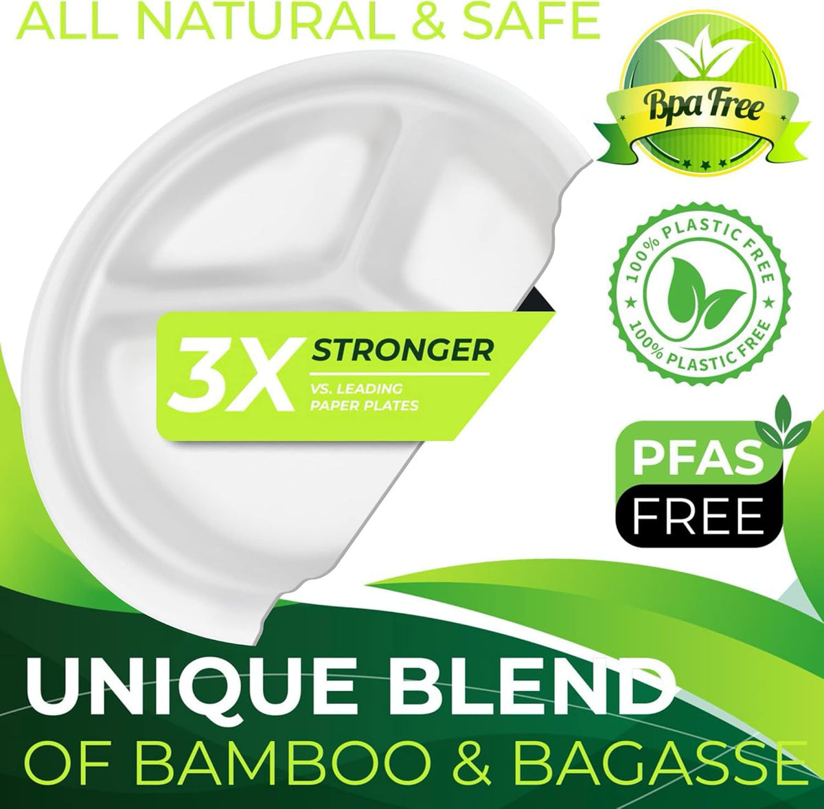 150-Piece 100% Compostable 10in Paper Plates, 3-Compartment Heavy Duty Disposable Eco-Friendly Biodegradable Sugarcane Fiber Plates