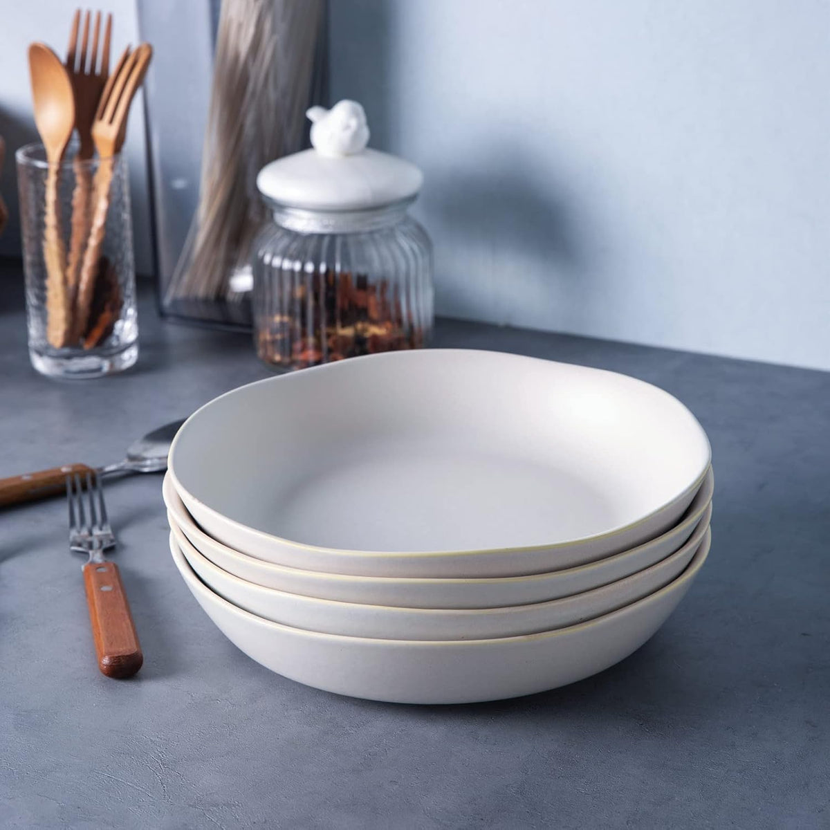 AmorArc 9.75'' Large Ceramic Pasta Bowls, 38oz Stoneware Wide Serving Bowls Set of 6 for Kitchen, Oven, Microwave&Dishwasher Safe Bowls with Wavy Rim for Fruit Pasta Salad Meal, Matte White