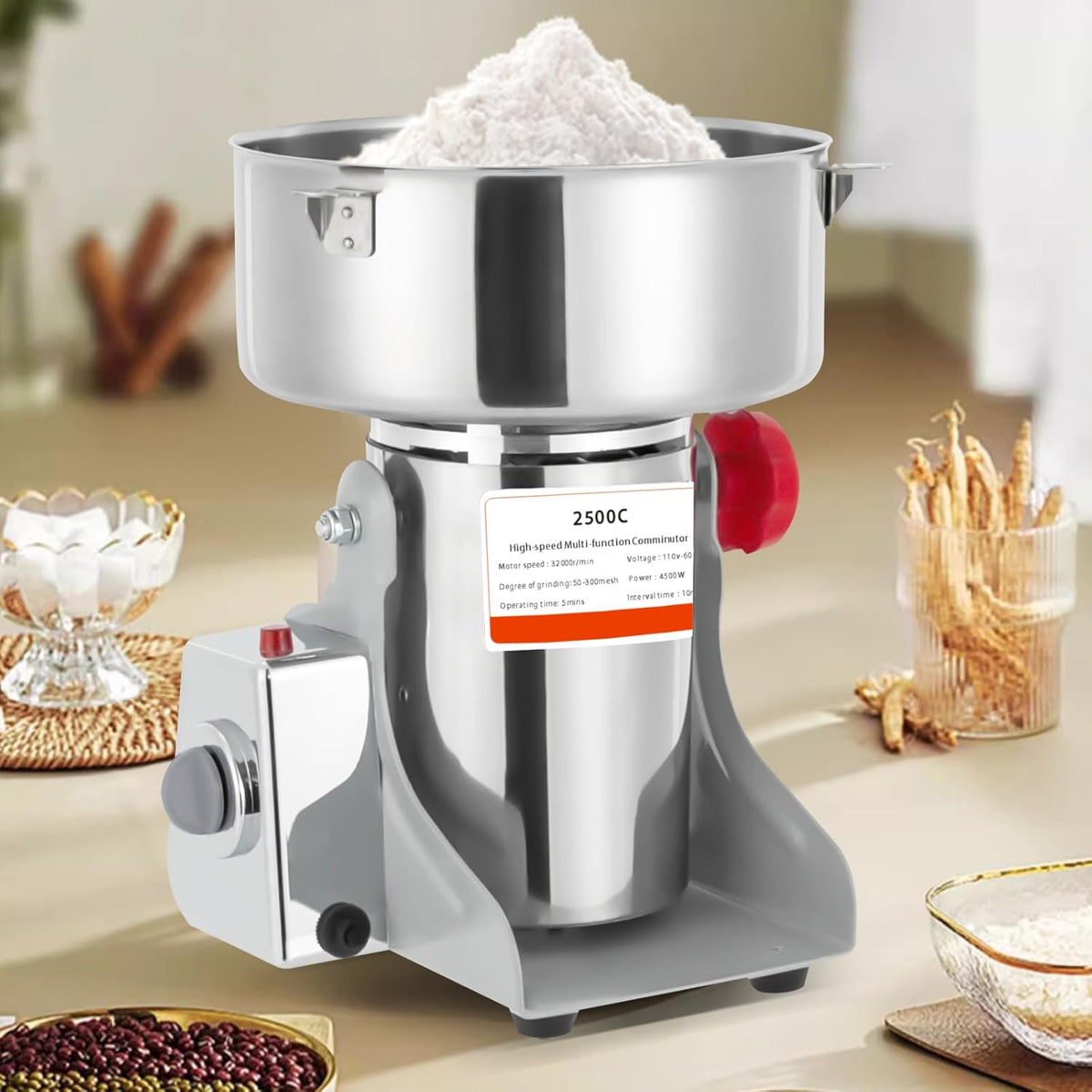 Electric Grain Mill Grinder, 2500g/5.51lb High-speed 32000r/min Food Grinder, 110V 4500W Countertop Grain Mill for Dry Spice Herbs Grains Coffee Rice Pepper (2500g)