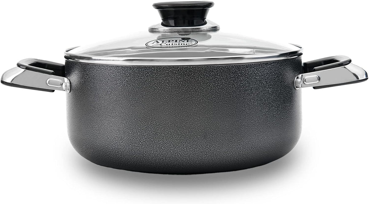 Alpine Cuisine 8.5 Quart Non-stick Stock Pot with Tempered Glass Lid and Carrying Handles, Multi-Purpose Cookware Aluminum Dutch Oven for Braising, Boiling, Stewing