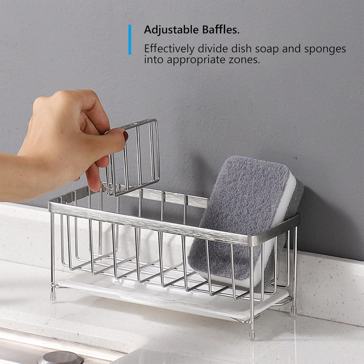 Kavciva Sink Caddy Sponge Holder,304 Stainless Steel Dish Brush Holder,Kitchen Countertop Sink Rack,Dish Soap Holder,Dishwashing Tool Drying Tray with Adjustable Partitions,Essential Kitchen Shelves