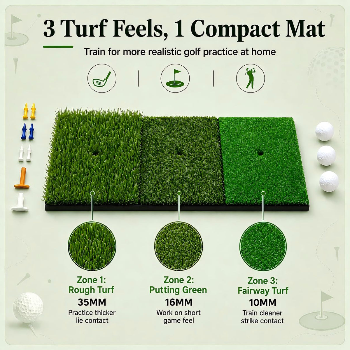 CalmBloom Golf Practice Mat 3-in-1 Turf Golf Hitting Mat for Swing, Putting & Chipping | Portable Golf Training Mat Indoor/Outdoor, Golf Mat with 8 Tees