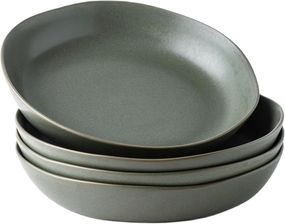 AmorArc 9.75'' Ceramic Large Pasta Bowls, 38oz Stoneware Flat Serving Bowls Set of 4, Oven,Microwave&Dishwasher Safe Bowls with Wavy Rim for Fruit Pasta Salad Meal, Reavtive-Matte