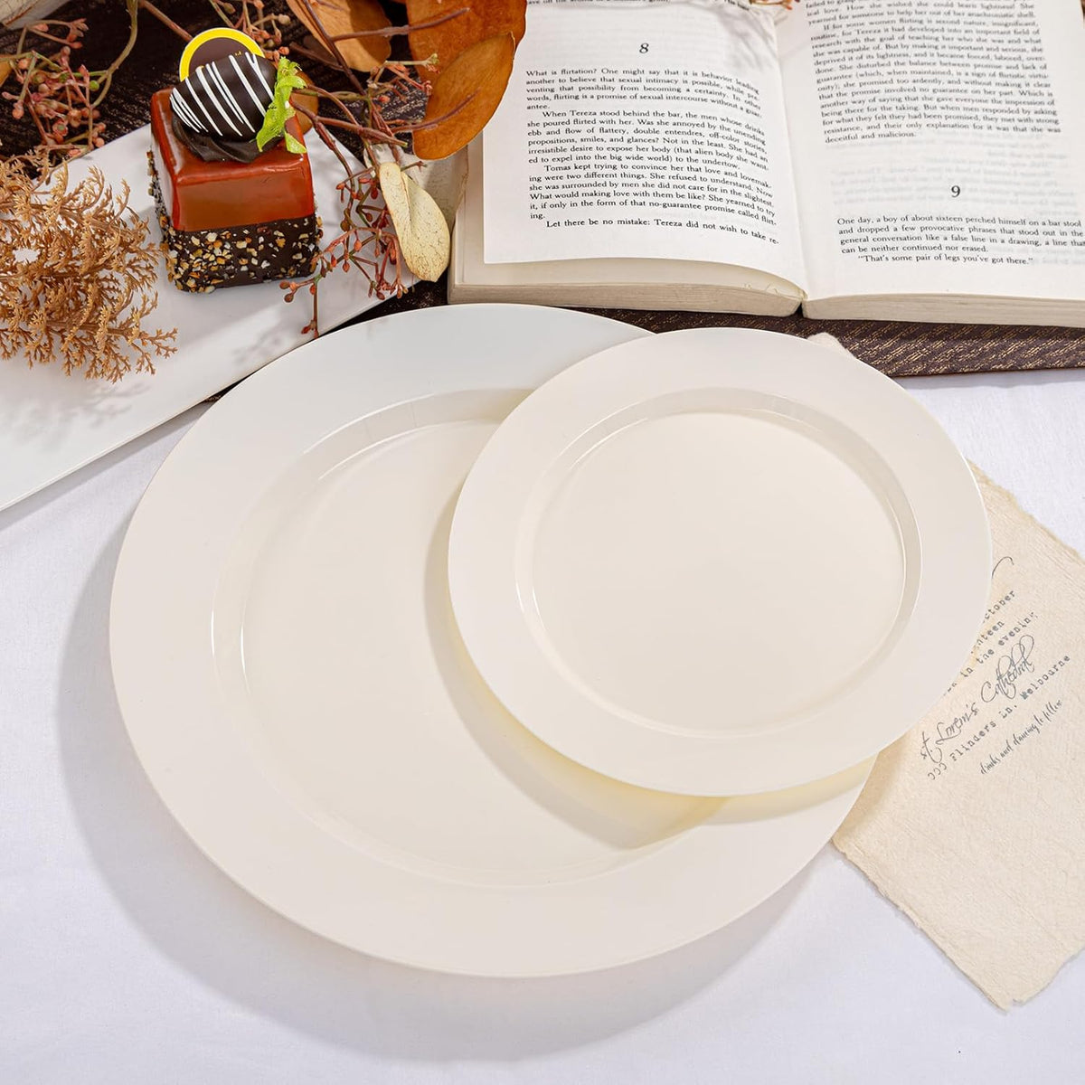 I00000 200 Pcs Ivory Plastic Plates, Disposable Party Plates Include 100 Ivory Dinner Plate 10’’ and 100 Plastic Dessert Plate 7’’ Perfect for Birthday, Party & Wedding