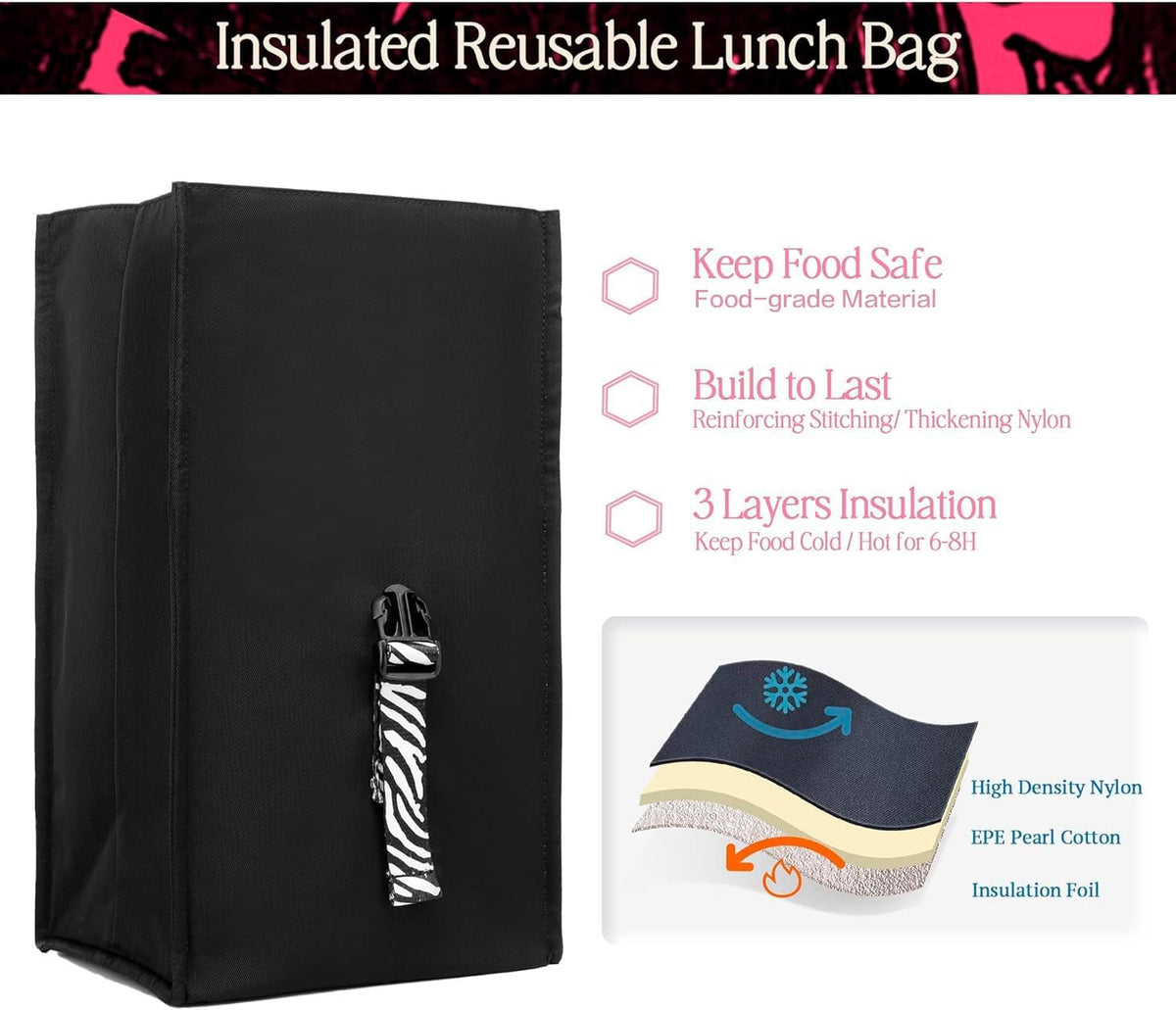 SUNNY BIRD Insulated Lunch Bag Rolltop Lunch Box Tote Bag for Women, Men, Adults and Teens (Black with white strap)
