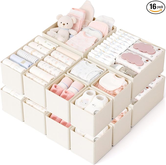 Drawer Organizer, 16 Pack Baby Dresser Organizer for Nursery, Foldable Closet Organizers and Storage Dresser Dividers for Clothes, Socks, Scarves, Ties (Beige)