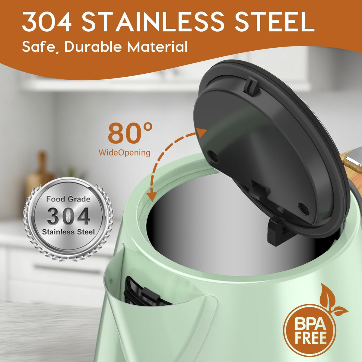 Electric Kettle for Boiling Water, 1.7L Visual Water Window Stainless Steel Electric Water Kettle, 1500W BPA-Free Hot Water Kettle Pot, Auto Shut Off & Boil-Dry Protection, Green