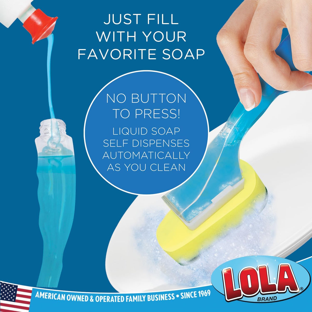 Lola Products Dish Brush w/Soap Dispenser Wand, Absorbent Sponge Scrubber, No Leaking. Clean Dishes, Sinks and Cookware, 1 Brush w/Head & 6 Refills