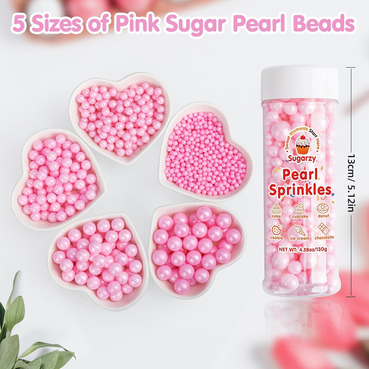 Pink Pearl Sprinkles for Cake Decorating,Edible Sugar Pearls for Baking,Mix Size,Mother's Day Cake Topper,Cupcake Cookie Decorating,Ice Cream Dessert Decorations,Valentines Birthday Christmas Supplies (130g/4.58oz)