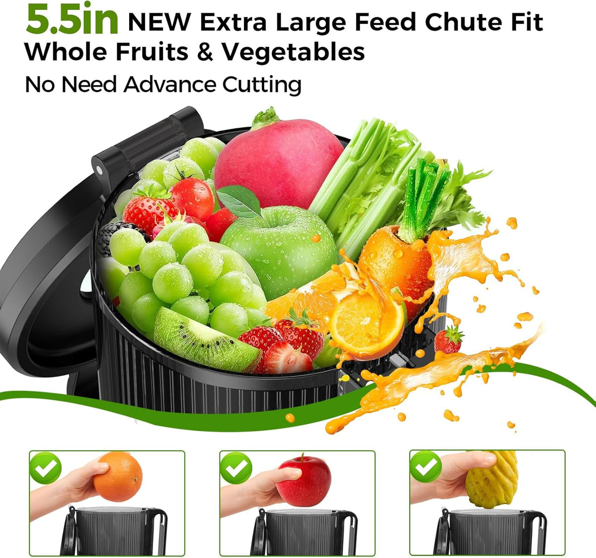 Cold Press Juicer, USHALO Juicer Machines with 5.5" Extra Large Feed Chute, 300W Slow Masticating Juicer for Whole Vegetables and Fruits, 99% High Juice Yield, Easy to Clean
