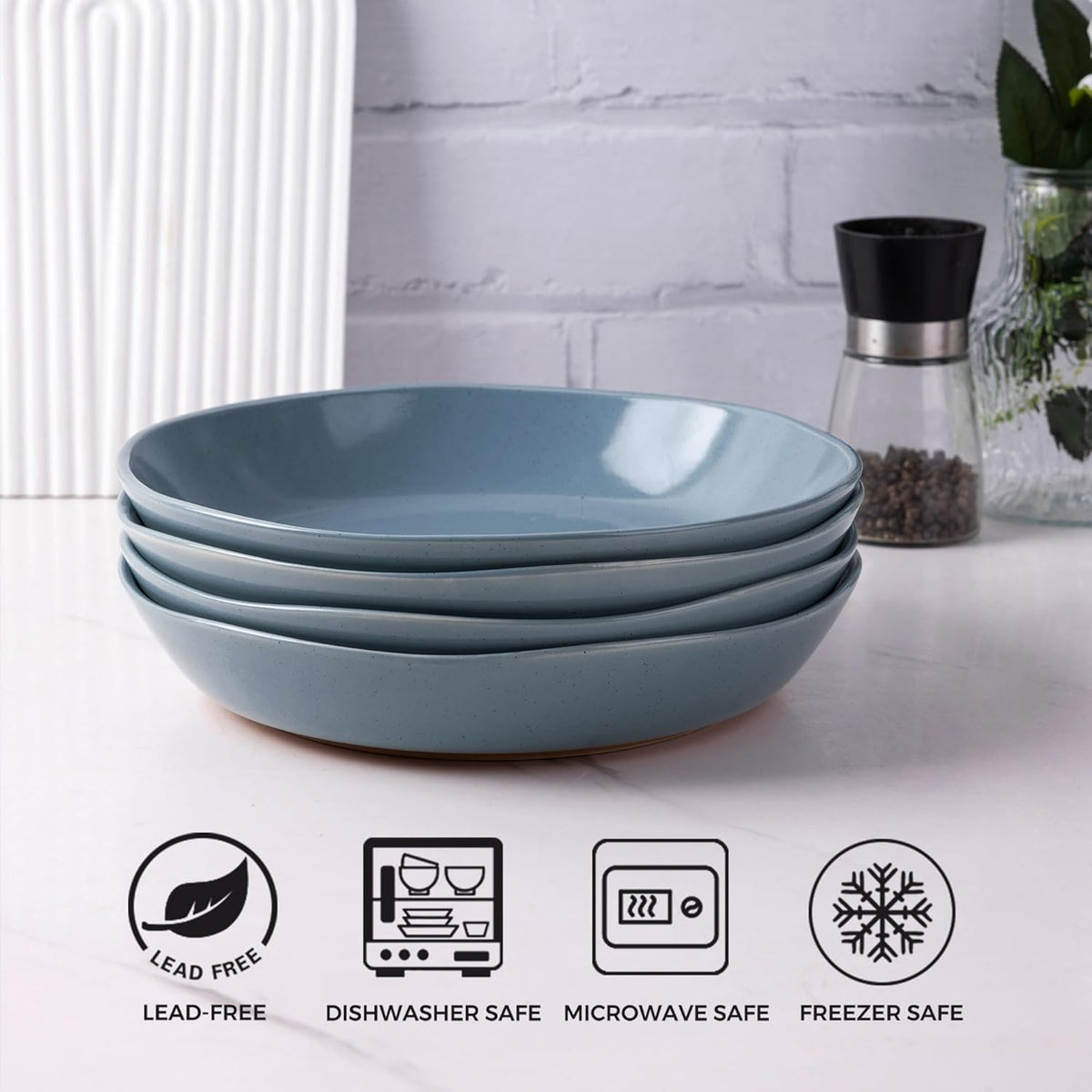 AmorArc 9.5'' Ceramic Large Pasta Bowls, 38oz Handpainted Stoneware Bowls Set of 4, Microwave&Dishwasher Safe Bowls with Wavy Rim&Rustic Terracotta Underside for Fruit Pasta Salad, Stone Blue