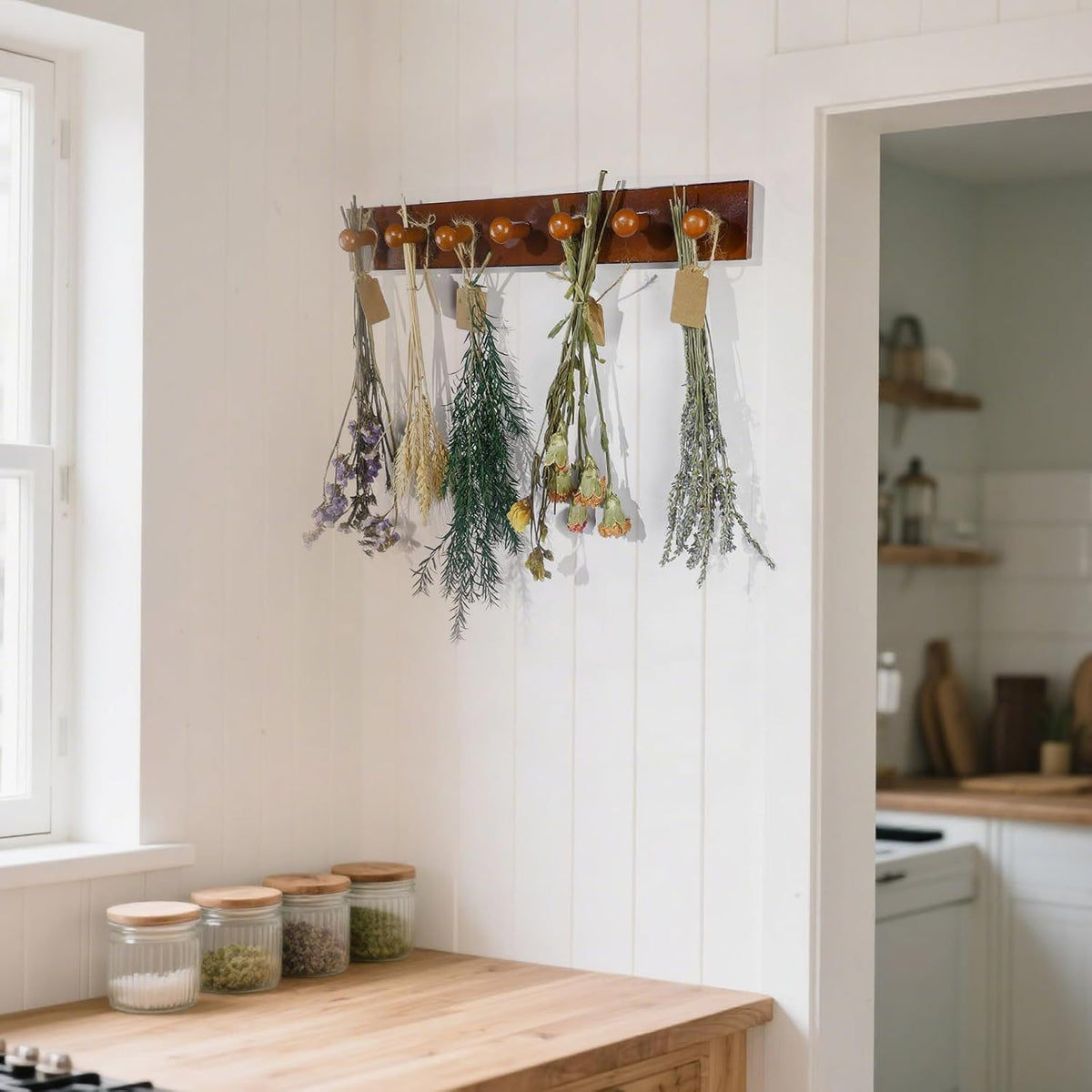 Rustic Hanging Herb Drying Rack–Space-Saving Design Holds 7 Bouquets,Fits Window,Door Kitchen Areas-Great for Kitchen Witches Herb Display-Unique Gift for Gardening Enthusiasts-Wall Art Décor