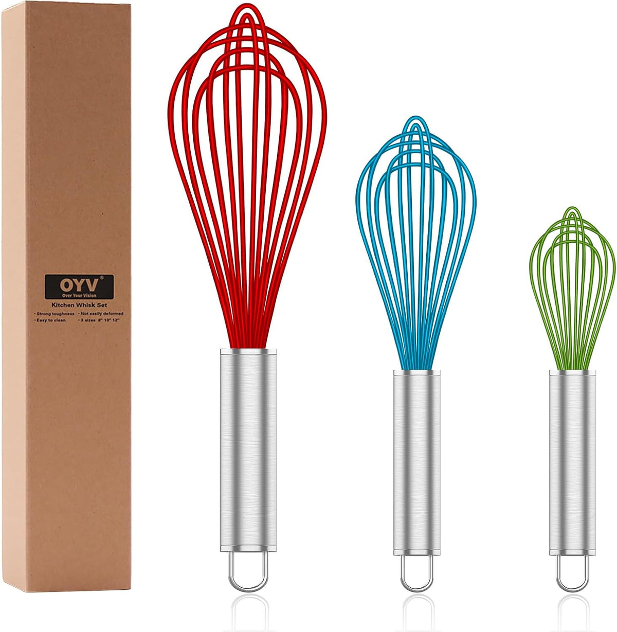 Silicone Rubber Whisk,Premium Whisks For Cooking Non Scratch,Stainless Steel & Silicone Wisk For Nonstick Cookware Pans, High Heat Resistant kitchen Whisks set of 3,Red+Blue+Green