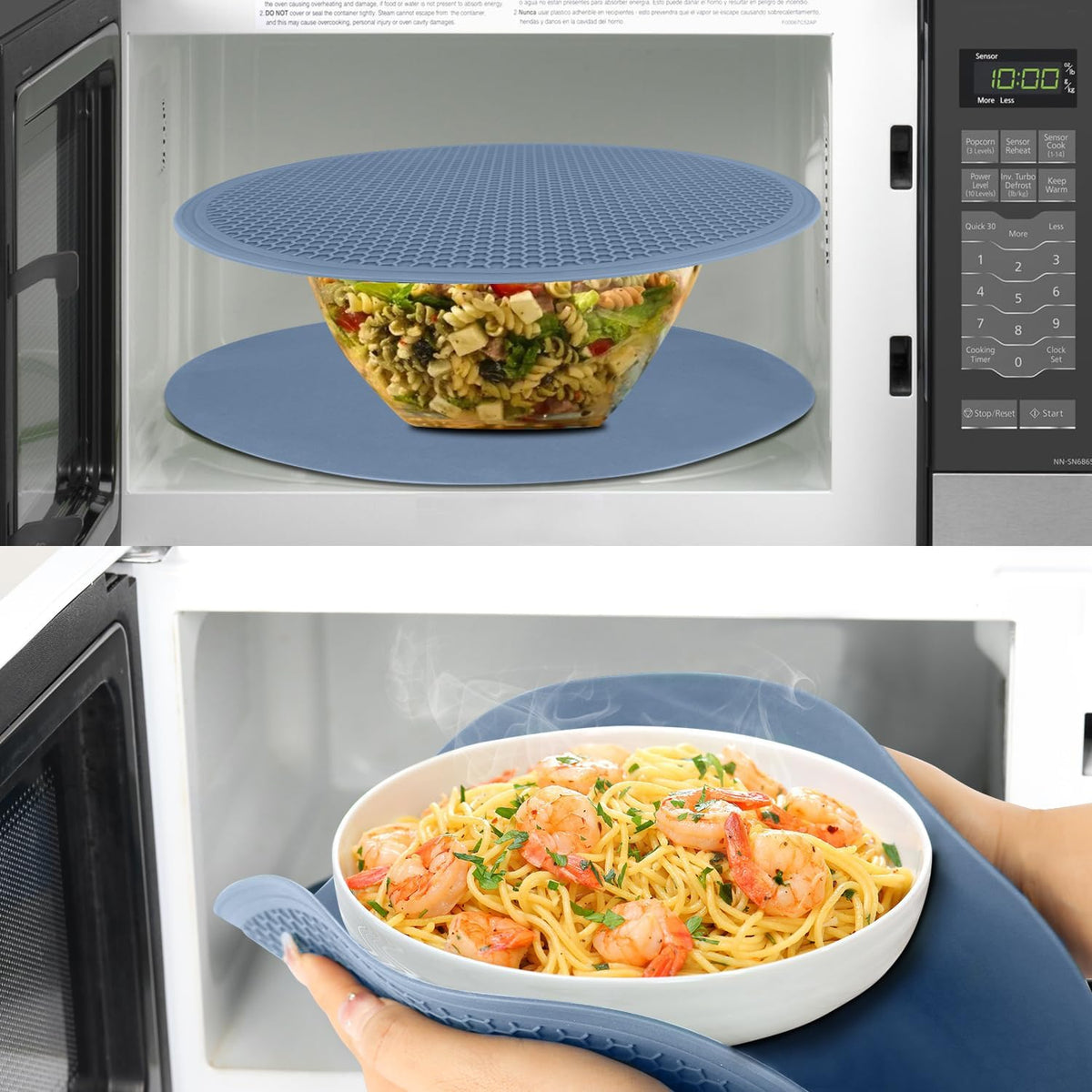 Extra Large Silicone Microwave Mat & Food Cover- Mat as Bowl Holder, Cover for Splatter Guard, Multi-Use Silicone Trivet Pot Holders, Drying Mat for Kitchen Counter, 12"Heat Resistant Mat, Blue 2Pack