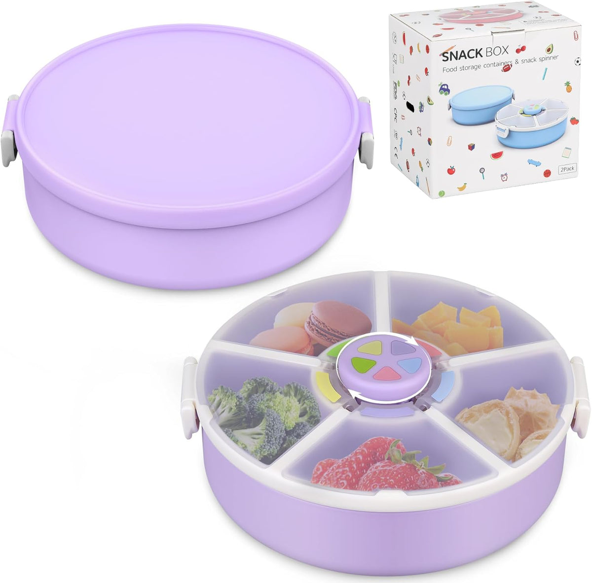Snack Spinner Set for Kids – 2-Pack, Includes Rotating Snack Container & Classic Sectioned Snack Box, BPA-Free, Dishwasher Safe, Perfect for Travel, Purple