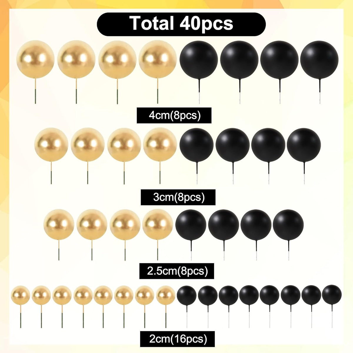 BEISHIDA 40 Pcs Ball Cake Toppers Mini Balls Cake Decorations Black Gold Foam Balls Sticks DIY Cake Topper for Baking Congrats Grade 2025 Graduation Birthday Retirement Party Decorations (Black Gold)