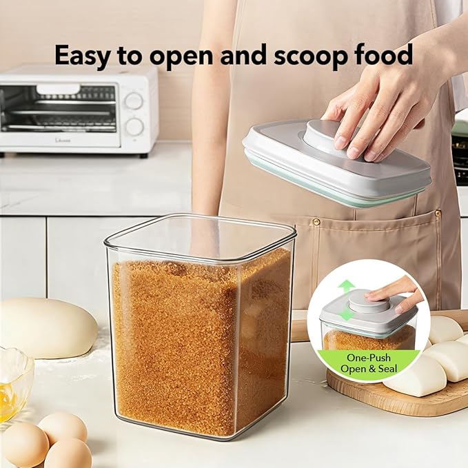 Food Storage Container with Lid, 2.8 Qt Airtight Pantry Canister, BPA-Free Plastic Flour Sugar Storage Container, One-Touch Press-to-Open Lid, Stackable Clear Jar for Rice, Cereal, Coffee, Brown Sugar
