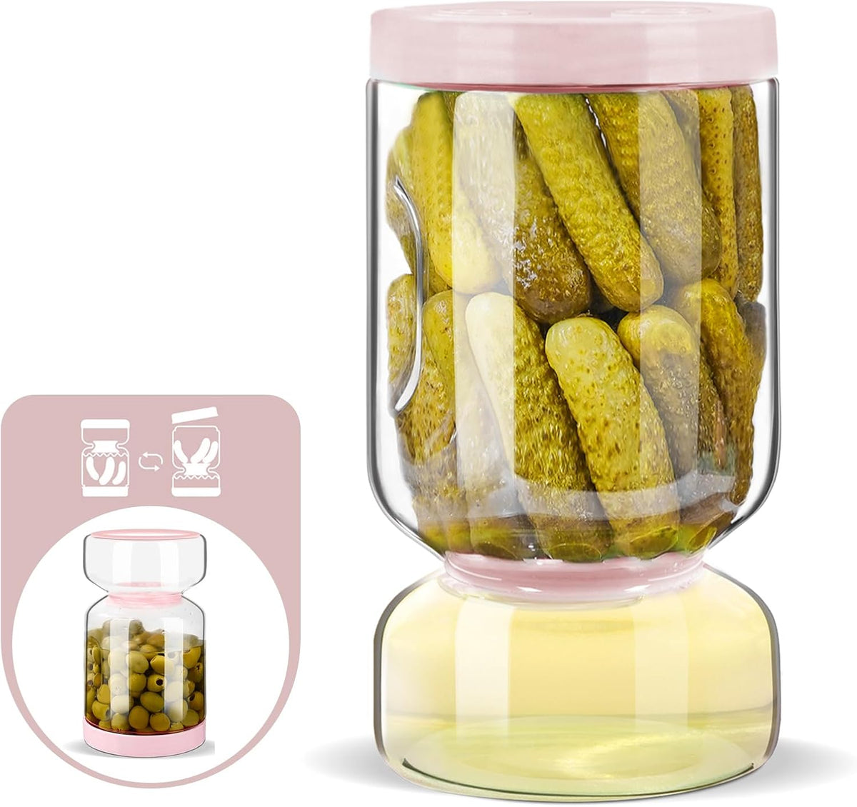 ZENS Pickle Jar with Strainer Flip, 64 oz Pickle Container Pickle Juice Separator Hourglass Jar for Olive Keeper, Leakproof Glass Pickle Holder Jars for Pickling Dill Sliced Storage, Gifts for Mom