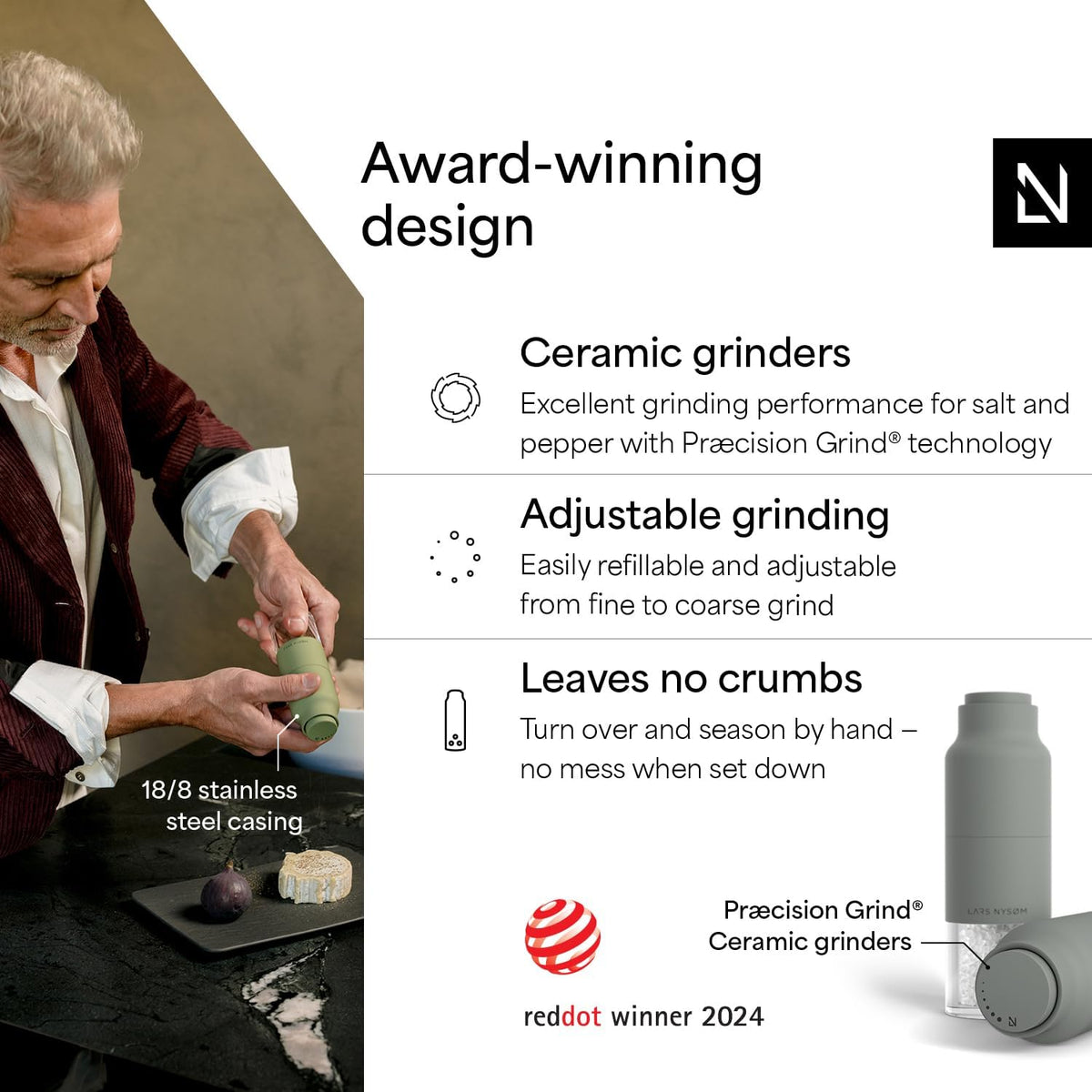 LARS NYSØM Salt and Pepper Grinder Set, Stainless Steel Manual Salt and Pepper Mills, Adjustable Ceramic Grinder, Design Spice Shakers (Ash Gray)