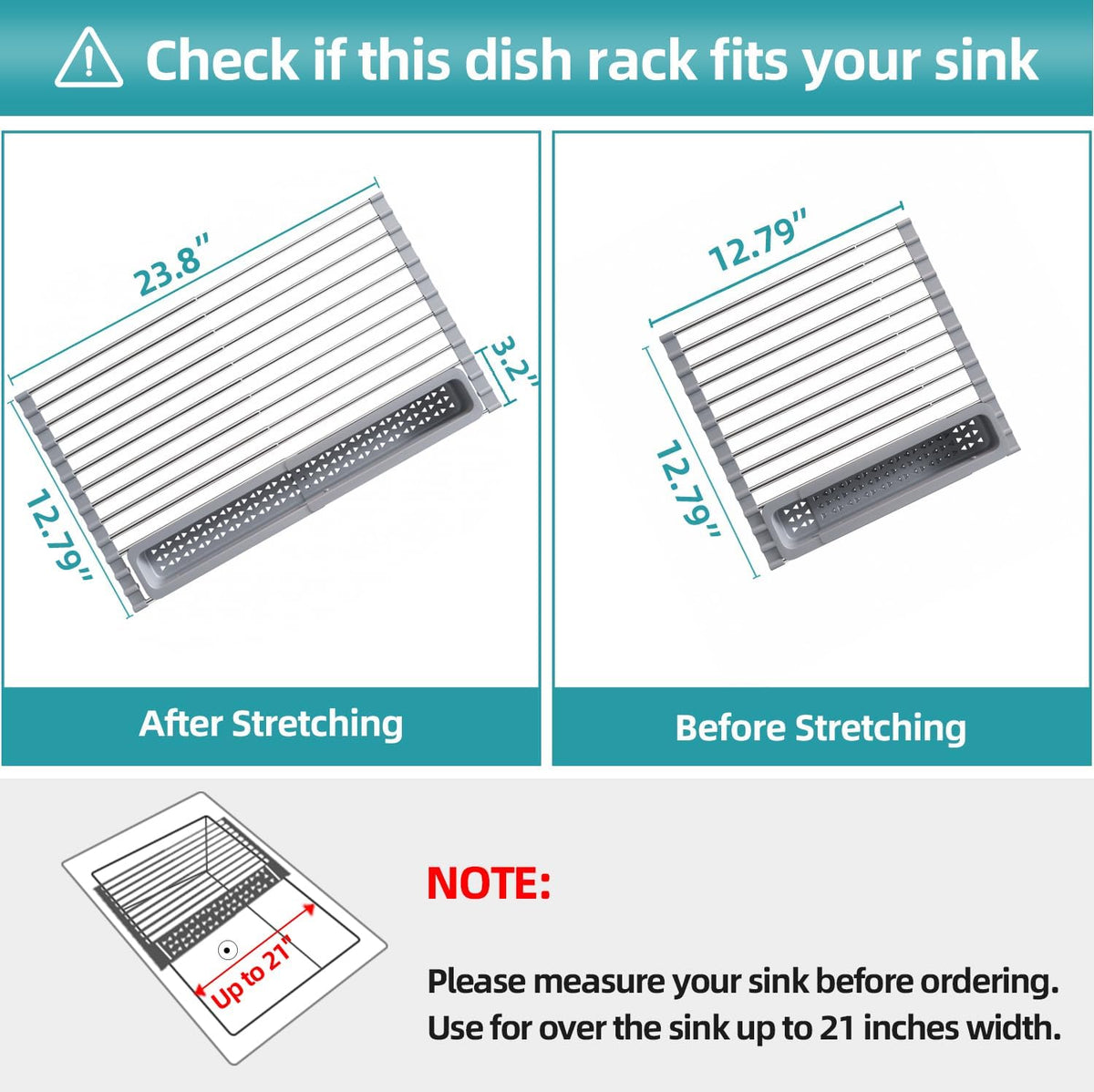 JASIWAY Roll Up Dish Drying Rack, Expandable (12.8"-23.8" D x 12.8" W) Stainless Steel Portable Drainer for Kitchen Sink Counter, Foldable Over The Sink Cover with Removable Utensil Holder