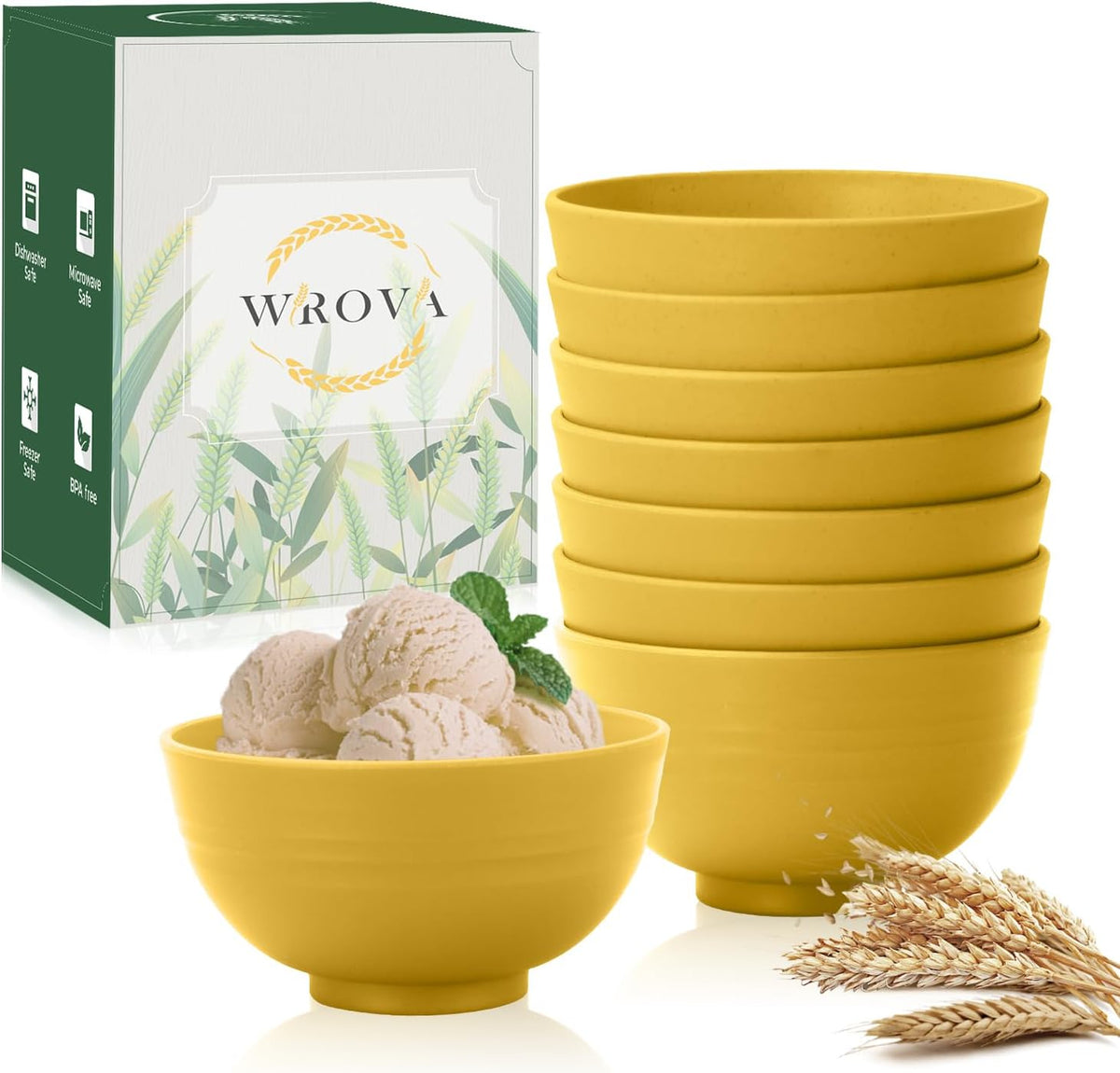 wheat straw icecream bowls 10oz set of 8 - Unbreakable Dessert Bowls Freezer Safe - Small Bowls for Yogurt,Snack and Fruits. Yellow