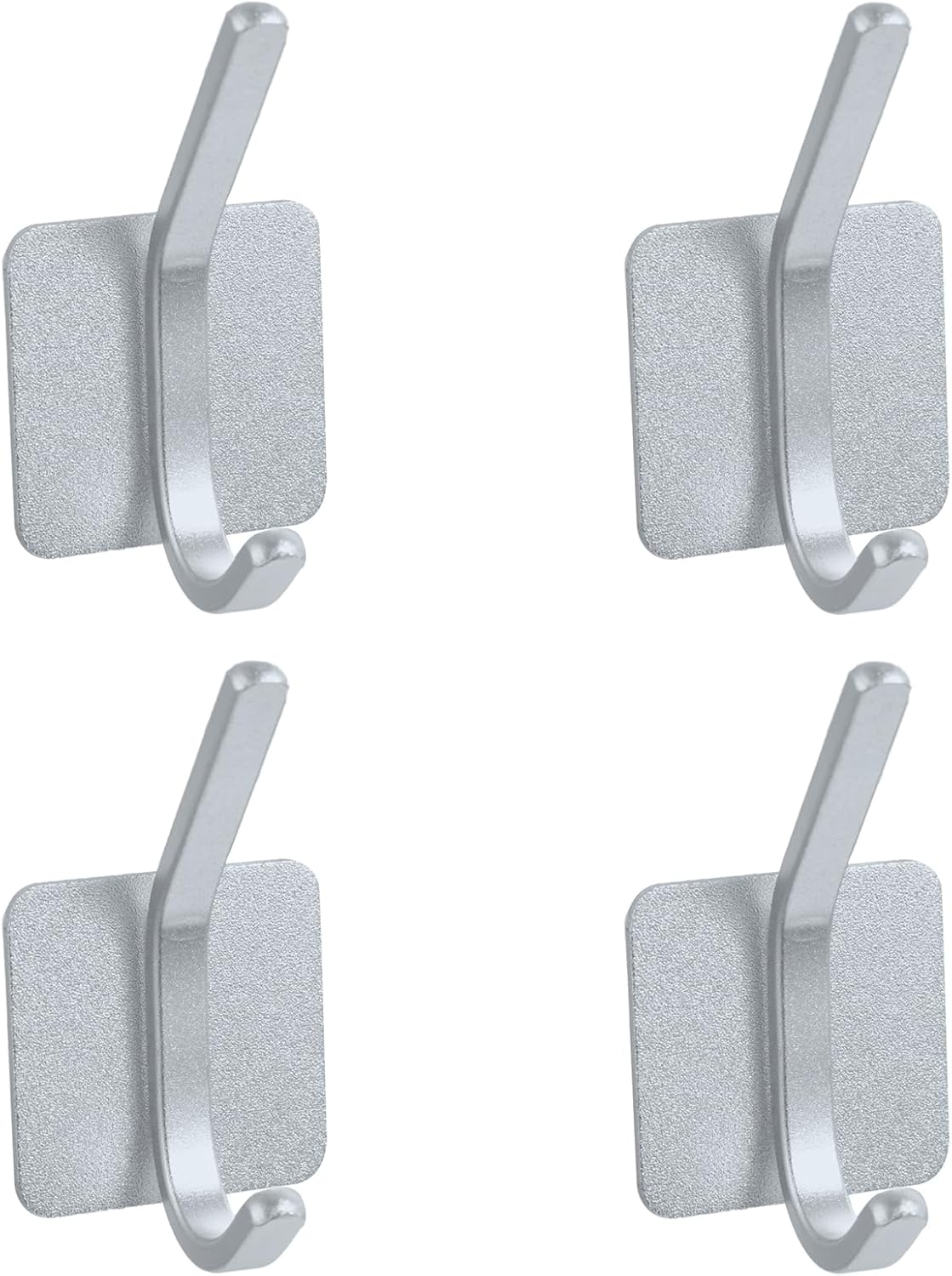 Aluminum Wall Hooks, No Drill Damage-Free Adhesive Hook, Product for Hanging Heavy Duty for Bathroom Kitchen Home (Double Square Sliver Hook, 4)