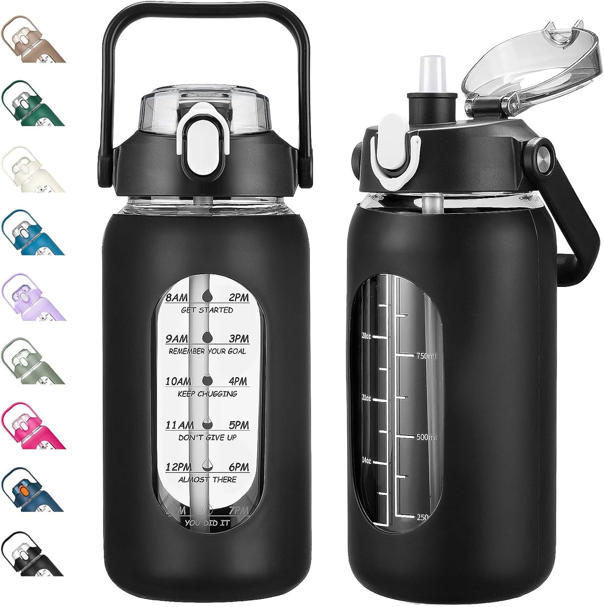 kytffu 42oz Glass Water Bottles with Straw, Motivational Glass Bottle with Silicone Sleeve and Time Marker, Leakproof Large Glass Water Jug for Gym Home Office,Black
