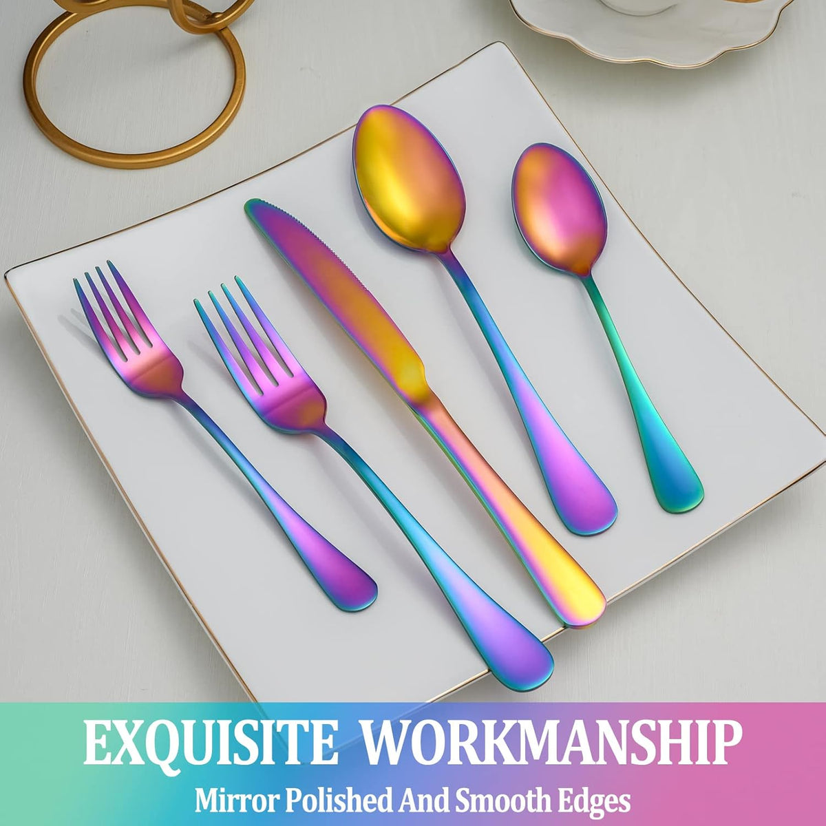 20 Pcs Rainbow Silverware Set Service for 4,Stainless Steel Flatware Serving Sets,Kitchen Tableware Set,Utensil Set for Home and Restaurant,Knives Forks Spoons Set,Mirror Polished,Dishwasher Safe
