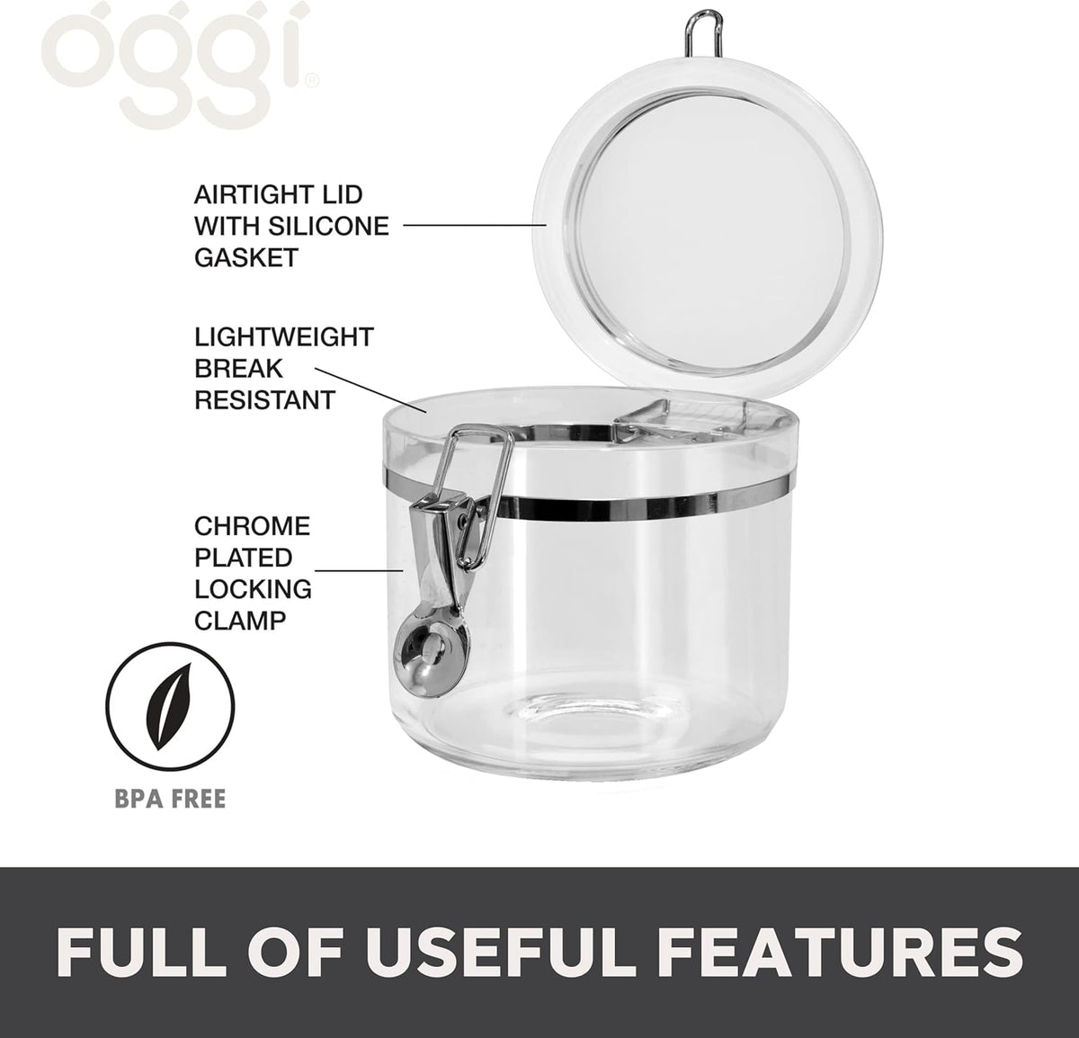 Oggi Clear Canister with Clamp Lid, 28 oz - Large Airtight Food Storage Container, for Kitchen & Pantry Storage of Bulk, Dry Foods Including Pasta, Flour, Sugar, Coffee, Rice, Tea, Spices & Herbs