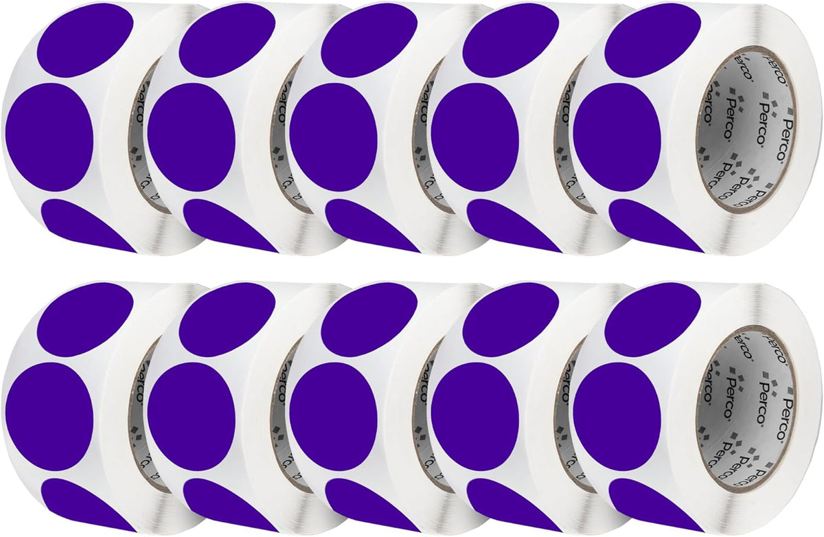 Perco Purple 3-Inch Perforated Circle Dot Sticker Labels — 10 Rolls, 5,000 Round Stickers — with Permanent Adhesive for Moving Boxes, Sale Signage, Displays, Status Messaging—Made in USA