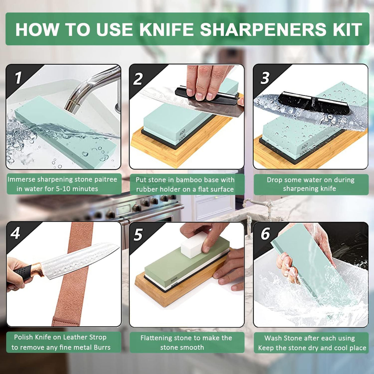 Wucgea Knife Sharpening Stone Kit - 400/1000 3000/8000 Grit Japanese Whetstone Sharpener set with Non-slip Rubber Base Angle Guide Flattening stone and Leather Strop…