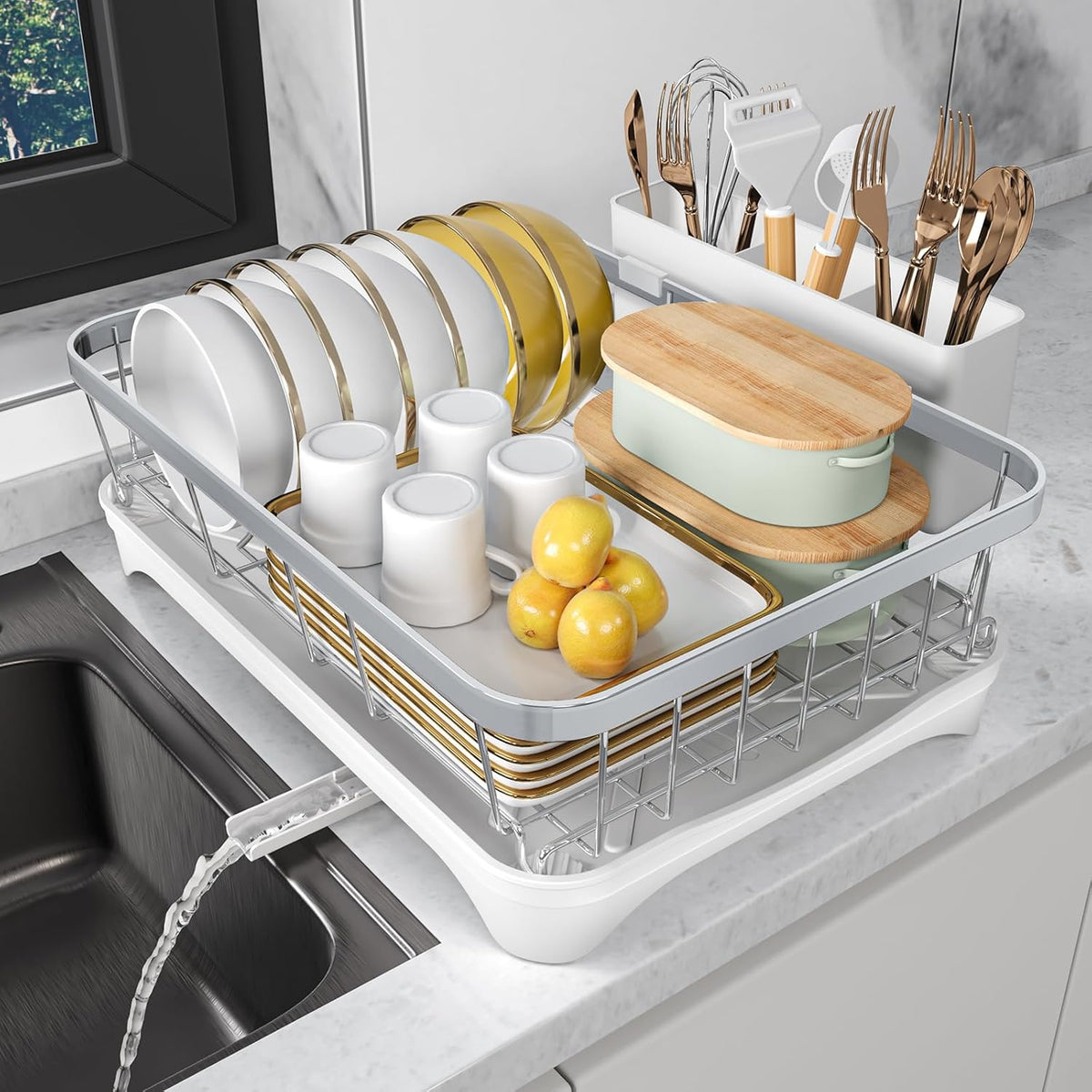 Dish Drying Rack - 304 Stainless Steel Dish Rack with Utensil Holder & Adjustable Spout, Space-Saving Organizer, Large Capacity for Bowls, Dish Drainer with Drainboard, White