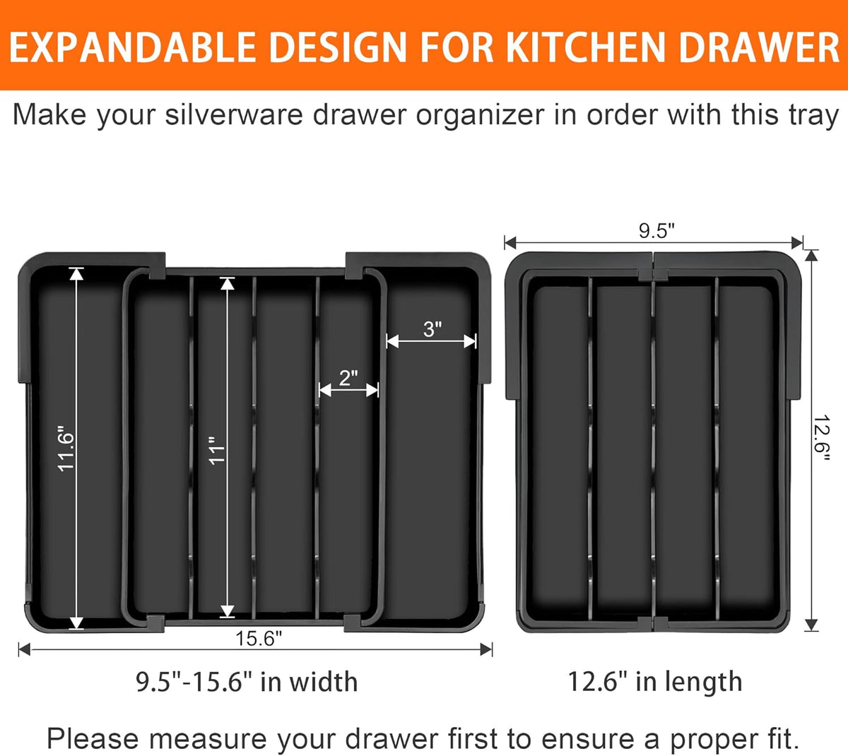 Kitchen Silverware Organizer for Drawer - Expandable Silverware Drawer Organizer Adjustable Utensil Drawer Holder, Flatware Cutlery Tray for Spoons Forks Kitchen Organizers Storage,Black,M