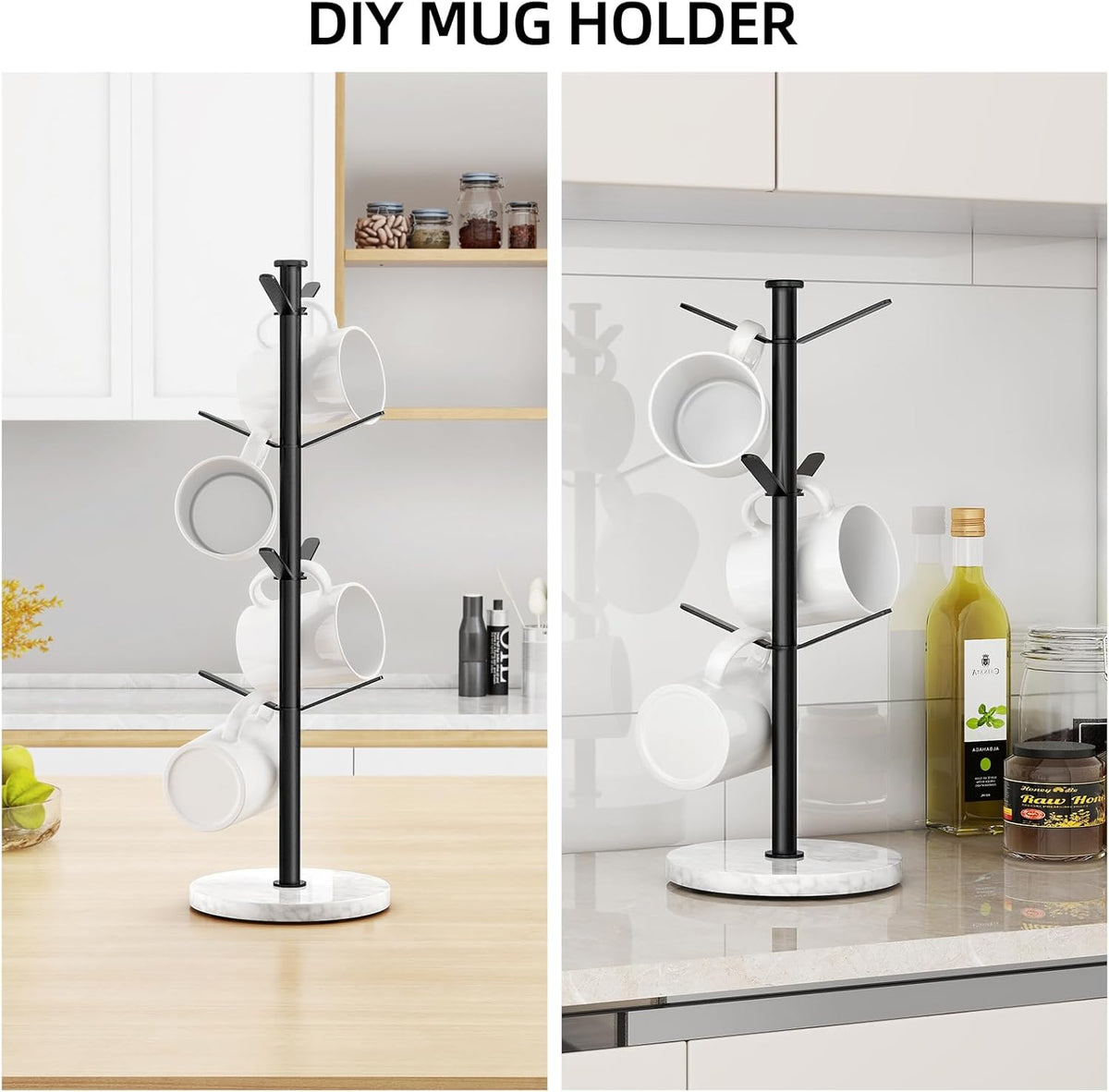 Marble Mug Holder Tree, 8 Hooks Coffee Cups Stand, New Upgraded Stable Mug Stand for Kitchen Counter Cabinet Cafe Black