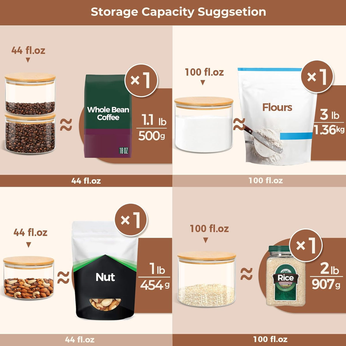 ComSaf Glass Food Storage Containers, 100 oz/44 oz Glass Flour and Sugar Containers with Airtight Lids, 7.1'' Wide Mouth Large Glass Jars with Bamboo Lid for Rice, Pasta, Oats, Grains, Cookie, Candy